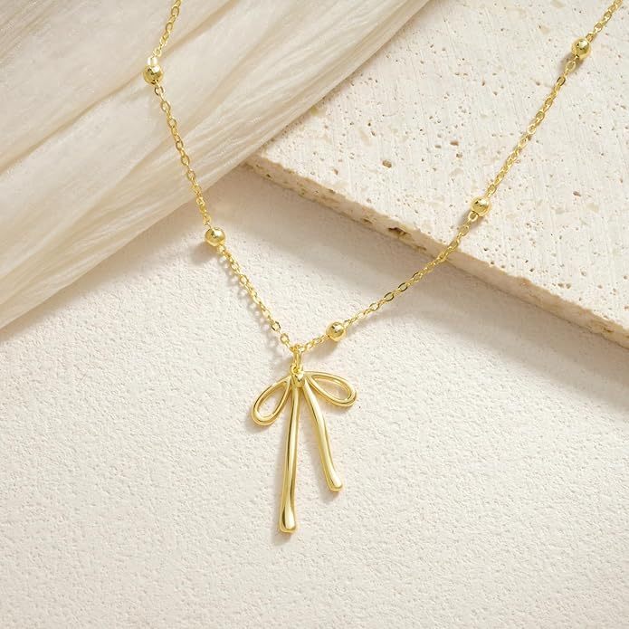Valentines Day Gifts for Her - Dainty Bow Necklace for Women 14K Gold Plated Cute Choker Small Pendant Charm Necklaces Teen Gift Trendy Stuff Personalized Jewelry