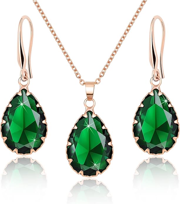 Linawe Crystal Jewelry Sets for Women, Imitation Diamond Pendant Necklace, Rhinestone Drop Dangle Earrings, Birthstone Cubic Zirconia Matching Wedding Jewelry, 14K Gold/Rose Gold/Silver Tones