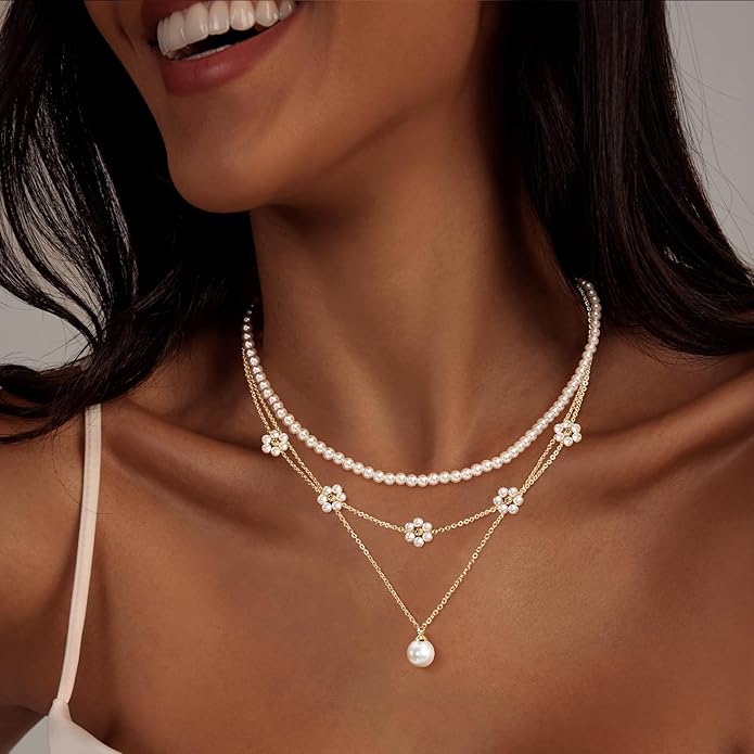 Zeffy Gold Pearl Necklace for Women, Dainty 14K Gold/Silve Plated Layered Pearl Choker Pearl Earrings Pearl Bracelets Wedding Trendy Gold Jewelry Set for Women Gifts