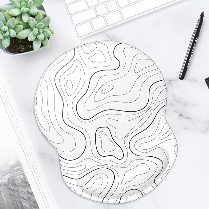 ITNRSIIET Ergonomic Mouse Pad with Gel Wrist Support Small Wrist Rest Smooth Surface Non-Slip PU Base Comfortable Office Supplies Pain Relief, 8.7 x 7.2 inches, Topographic Contour White