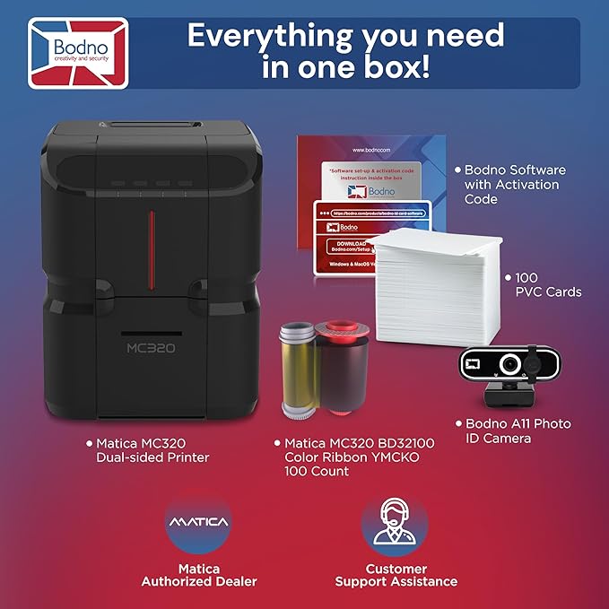 Bodno Matica MC320 Direct-to-Card Dual Sided ID Card Printer & Complete Supplies Package Silver Edition ID Software