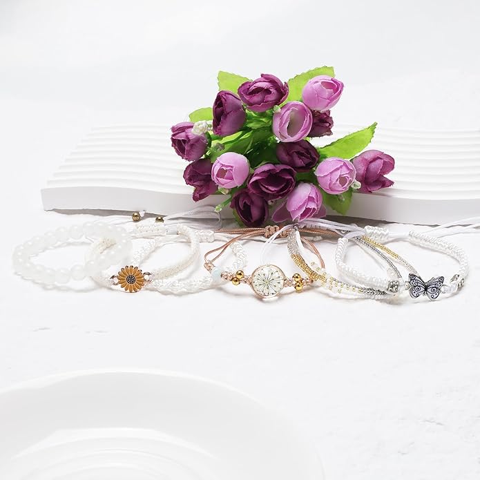 DS 6PCS String beads Charm Bracelets for Teen Girls Handmade Braided Rope Butterfly daisies Eternal flower Boho Surfer Bracelet for women Adjustable friendship Stretch birthday jewelry Gift Friends
