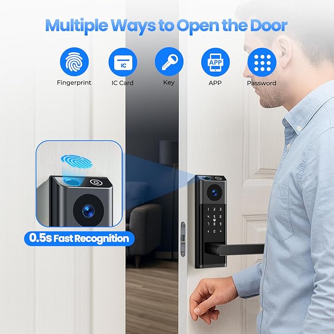 CAMCAMP WiFi Video Smart Lock with Camera & Doorbell, Keyless Entry Door Lock with Handle for Front Door, Five Ways to Unlock Fingerprint, App, Key, Fob, Keypad, Auto Lock, Easy to Install