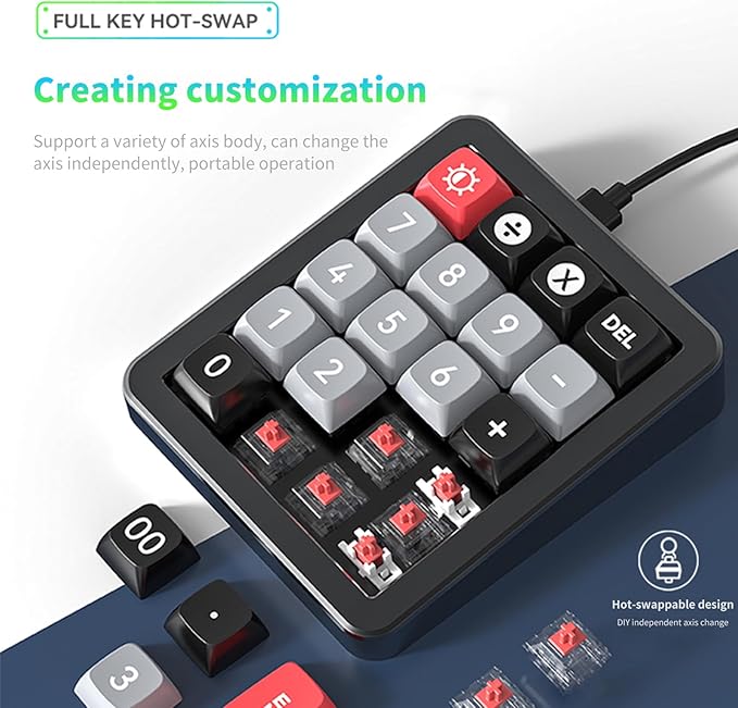 Adventurers K812 Wired Mechanical Numeric Keypad, 19-Key Hot-Swappable RGB Numpad, Macro Programmable, Detachable Type-C Cable, Game/Office Mode Switch – for PC/Laptop/Desktop (Black)