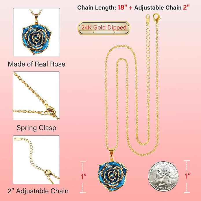 AliveRose Real Rose Gold Dipped Necklace Gifts for Women, 24K Gold Dipped Rose Pendant Necklace Jewelry Mothers Day Anniversaries Birthday Christmas Special Occasions Gifts for Her Mom Wife