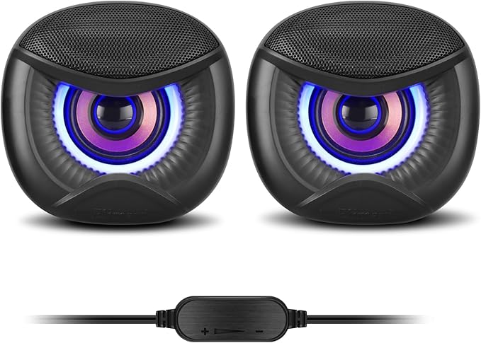 USB Powered Computer Speakers with RGB Blue Lighting 2.0 Stereo Sound System, Headphone Jack, Plug and Play, Works with PC/Laptop (USB-C Adapter Included)