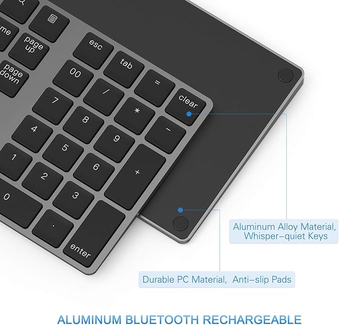 Bluetooth Number Pad, Lekvey Aluminum Rechargeable Wireless Numeric Keypad Slim 34-Keys External Numpad Keyboard Data Entry Compatible for Macbook, MacBook Air/Pro, iMac Windows Laptop Surface Pro etc
