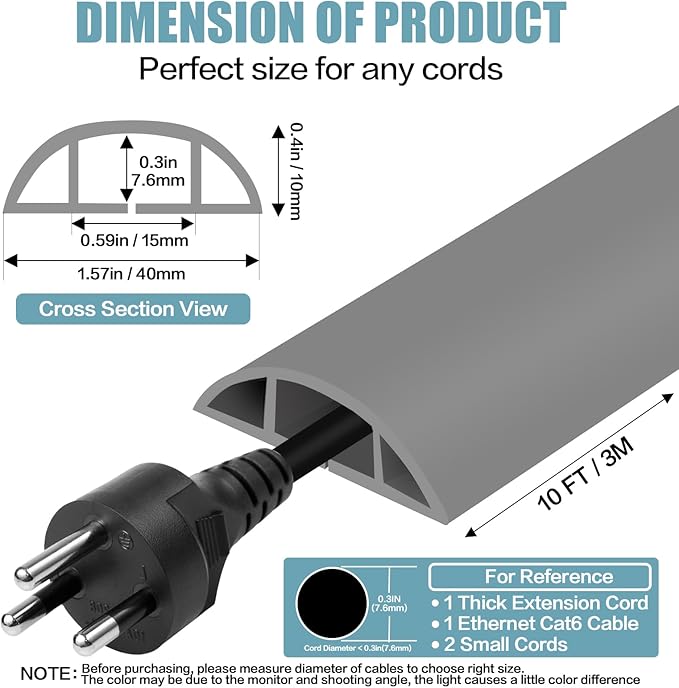 Floor Cord Cover Self Adhesive Cord Hider,10FT Cable Management, Extension Strip Protector for Wires, Prevent Cable Trips for Offices, Gyms, Exhibitions Cavity:0.51"(W) x 0.3"(H) Gray