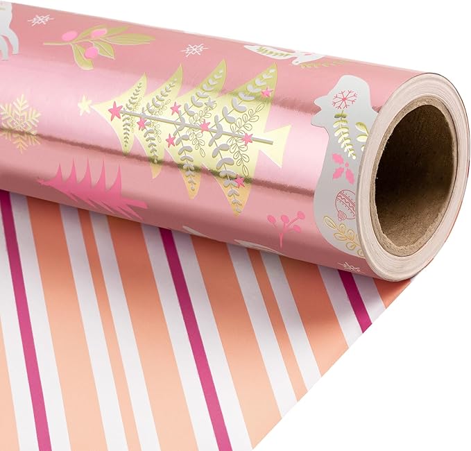 RUSPEPA Christmas Reversible Wrapping Paper Roll for Girls, Jumbo Roll, Rose Gold Foil Reindeer, Polar Bear, Tree, Floral Design, Pink White Stripes Gift Wrap for Holiday Gifts, 30 Inches x 32.8 Feet