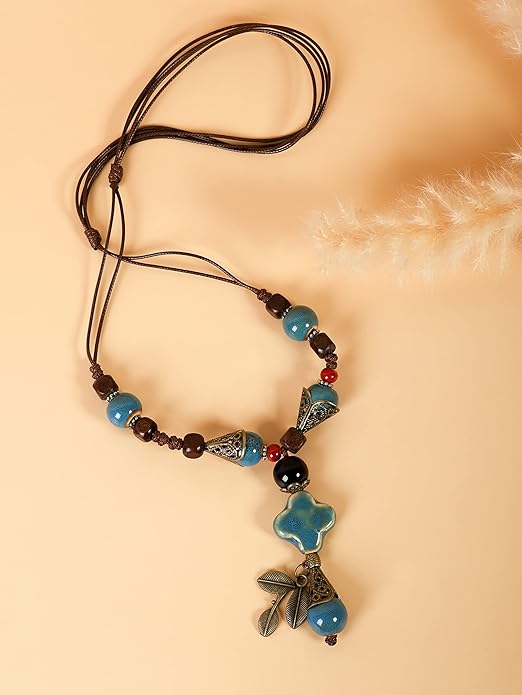 MINACHI Vintage Bohemian Ethnic Colorful Ceramic Bead Long Y Necklace, Hippie Boho Summer Fashion Jewelry Gift for Women