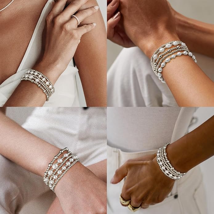 adoyi Gold Bracelets for Women Beaded Bracelet 14K Gold Plated Bracelet Stack Strand Stretch Bead Ball Bracelet Set Stackable Bracelet Adjustable Bracelet Set Jewelry for Gifts