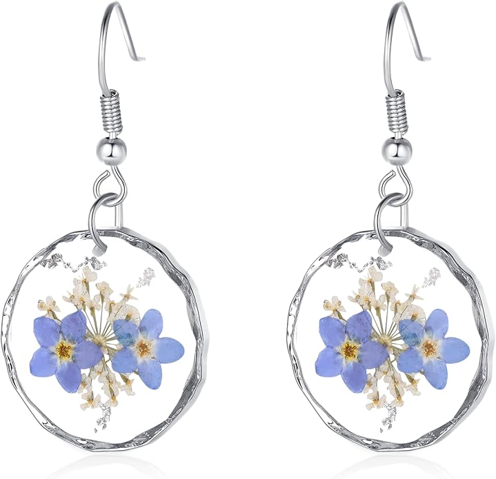 Forget-Me-Not and Queen Anne's Lace Pressed Wildflower Earrings | Pressed Flower Earrings | Handmade Drop and Dangle Earrings | Gift for Woman