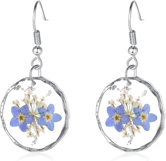 Forget-Me-Not and Queen Anne's Lace Pressed Wildflower Earrings | Pressed Flower Earrings | Handmade Drop and Dangle Earrings | Gift for Woman