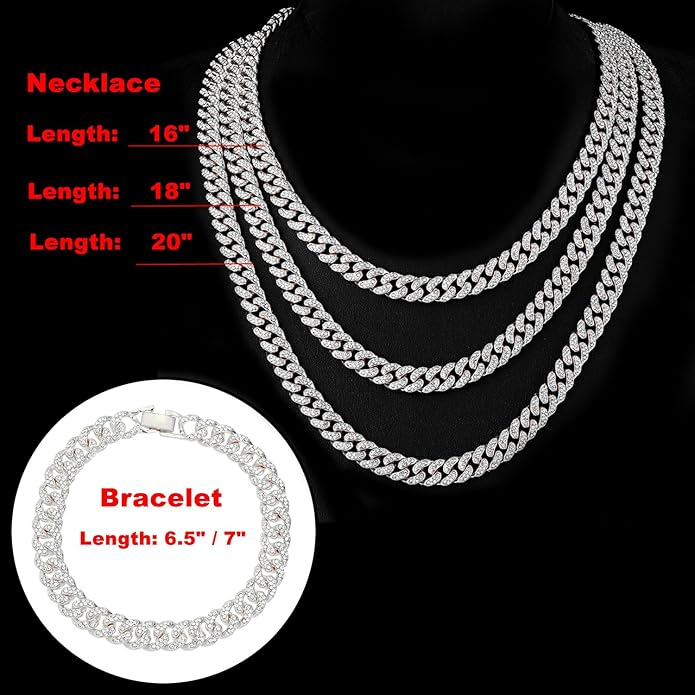 HH BLING EMPIRE 14k Gold/Silver Cuban Link Chain for Women Iced Out Diamond Chunky Cuban Link Necklace Chain Bracelet 2pcs Sets