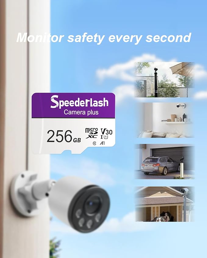 Micro SDXC Memory Card 256GB-Speederlash Camera Plus TF Card with Adapter, Up to 100MB/s Read Speed, 4K UHD&5K Video Support, U1, V30, A1 Rated, Waterproof, for Security Camera, Dashcam