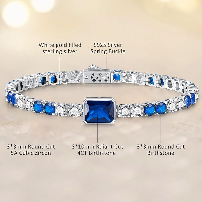 Birthstone Bracelets for Women Birthday Gifts 4CT Radiant Cut Birthstone 4mm Sterling Silver White Gold Tennis Bracelets for Women Round Cut 5A Cubic Zirconia Bezel Setting 7 Inch
