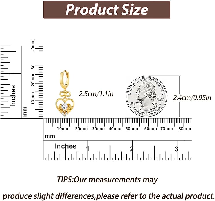 14K Gold Hoop Earrings for Women, 8mm Inner Diameter Huggie Hoops with Heart & Bow CZ Drop, Cubic Zirconia Elegant Dangle Earring, Hypoallergenic Dainty Jewelry, Aretes De Oro Para Mujer 14k