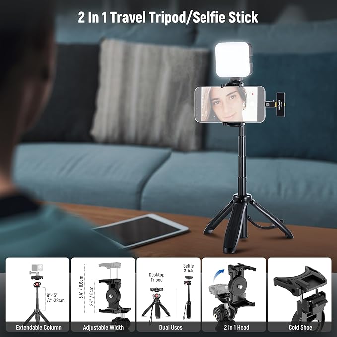 NEEWER PA048 Vlogging Kit for iPhone Android Podcast YouTube with RGB LED Light/KM23 Wireless Microphone System/Selfie Stick Phone Tripod/Cleaning Cloth, Content Creator Essentials