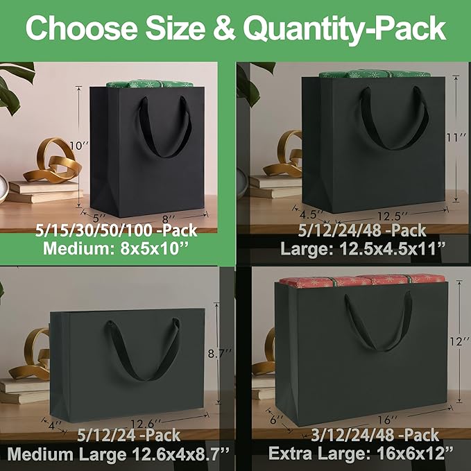 MOXARYSU Black Gift Bags With Handles: 8x5x10 Inch 100pcs Black Paper Bags Medium Bulk For Party Shopping Birthday Wedding (M, 100)