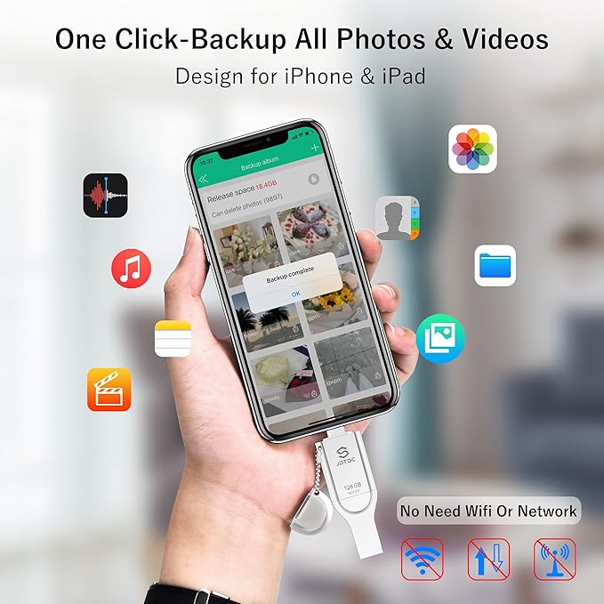 iPhone-Flash-Drive Genuine Apple MFi Certified 128GB Photo-Stick-iPhone-Memory 16/15/14 Photo-Storage-Stick External-Storage-Thumb-Drive Apple-Photo-Transfer-Device Phone-Storage-Saver-iPad-USB-Drive