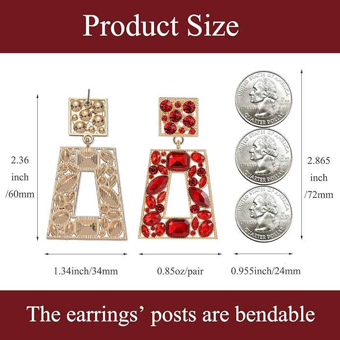 Rhinestone Rectangle Statement Earrings Colorful Crystal Geometric Drop Dangle Earrings for Women Prom Party