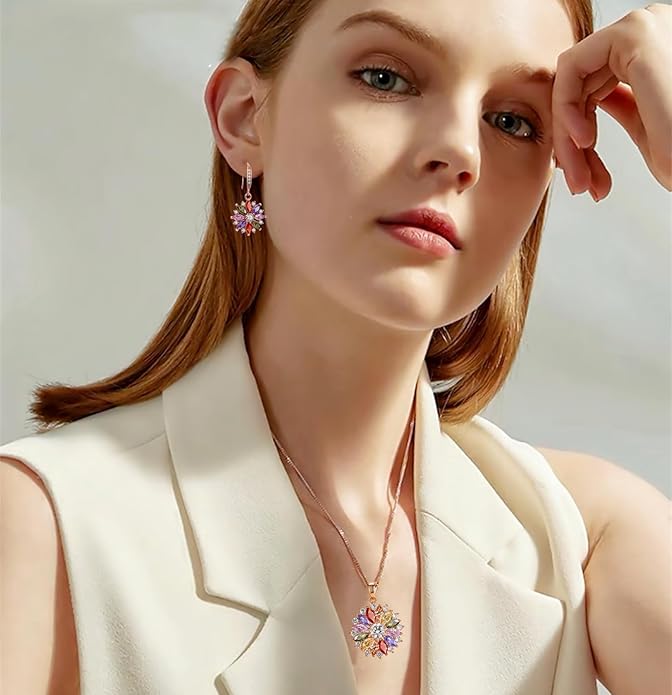 VONSSY Colorful Snowflake Pendant Necklace Earrings Rose Gold 5A Cubic Zirconia | Crystal Sweater Chain | Multi Gemstone Garnet Amethyst Morganite Peridot Prom Rhinestone Necklaces for Women Vintage Stylish Gift