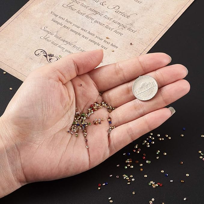 Fashewelry 1440Pcs Pointed Back Clear Glass Rhinestone Cabochons 2mm Mini Faceted Crystal Diamante Gem Cab Covers with Gold Plated No Hole for DIY Jewelry Making, Randomly Mixed Colors