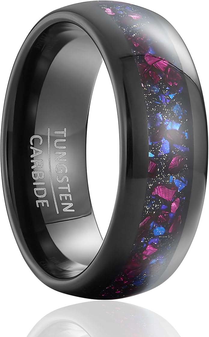 Women‘s Solid Opal-Effect Band Ring, Multicolor Inlay on Black Tungsten, 8mm Wide Substantial Ring
