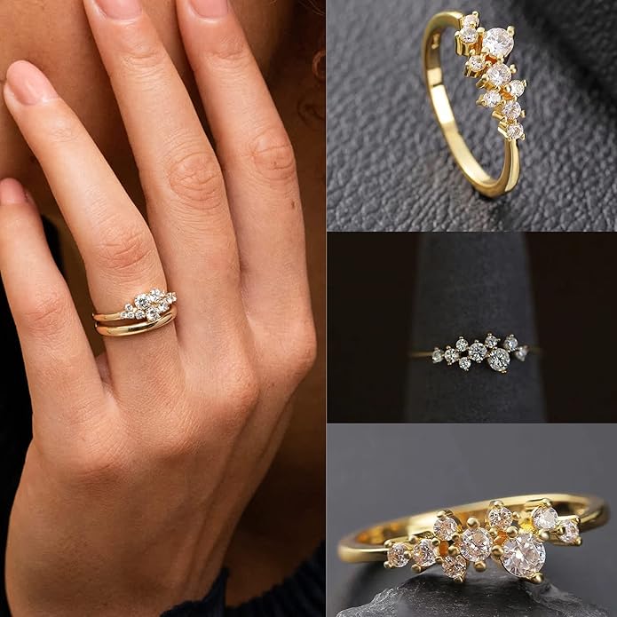 PLOMFOV 14K Gold/Silver Plated Stacking Rings Set for Women Non Tarnish CZ Heart Simple Cute Stackable Rings Dainty Trendy Gold Statement Rings Plain Band Size 4-12