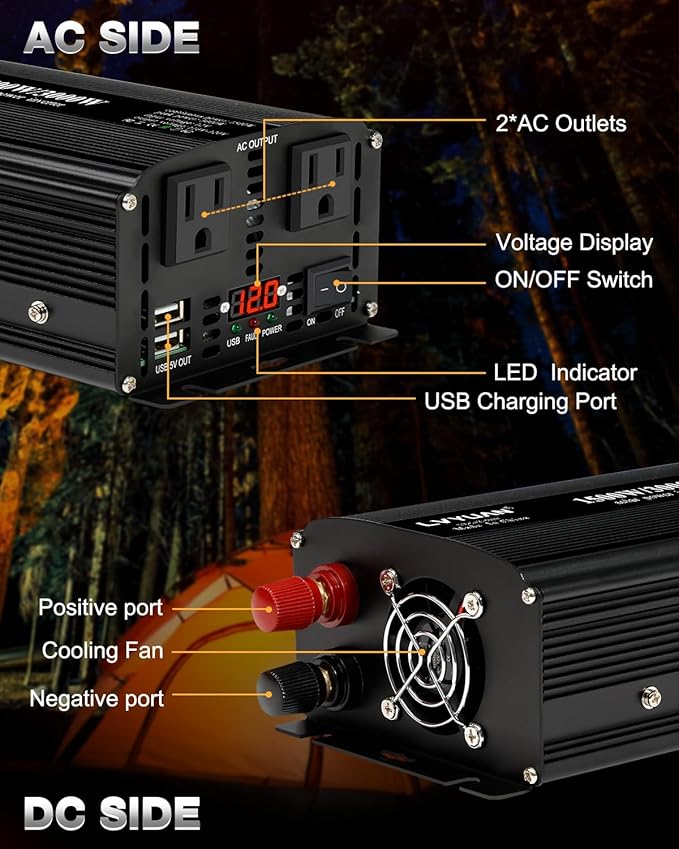 LVYUAN 1500W Inverter Car Power Inverter 12V to 110V for Vehicles with LED Display, US Outlets, USB Ports for Camping Outdoor Car Yacht RV