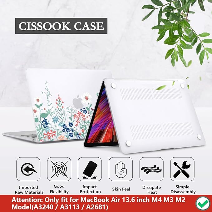 CISSOOK for MacBook Air 13.6 Inch Case 2022 2023 2024 2025 Release Model A2681 A3113 A3240, Matte Frosted Hard Shell Cover with Keyboard Cover for MacBook Air 13.6 M2 M3 M4 - Wildflowers