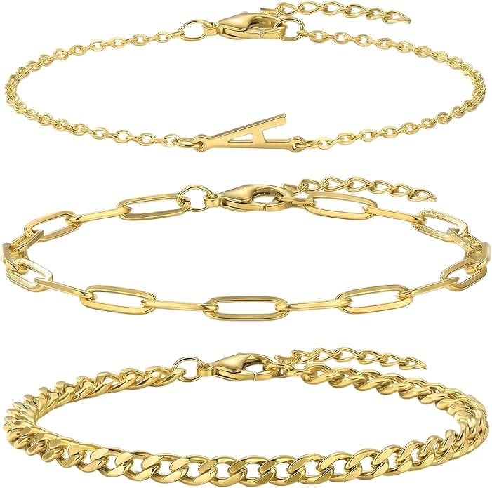 14K Gold Plated Bracelets for Women, A–Z Initial Charm Bangles Jewelry Set, Elegant Gold Accessories, Friendship Bracelet Gifts for Mom