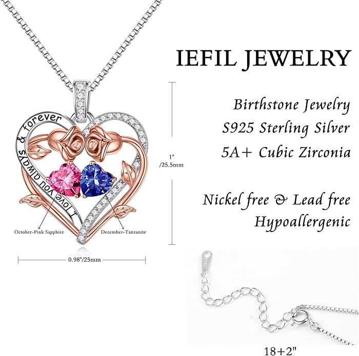 Iefil Valentines Gifts for Her Wife Women - Rose Heart Double Birthstone Necklace Gift for Wife Girlfriend Her Women, Birthstone Jewelry Gemstone Birthday Gifts for Mom Grandma Her