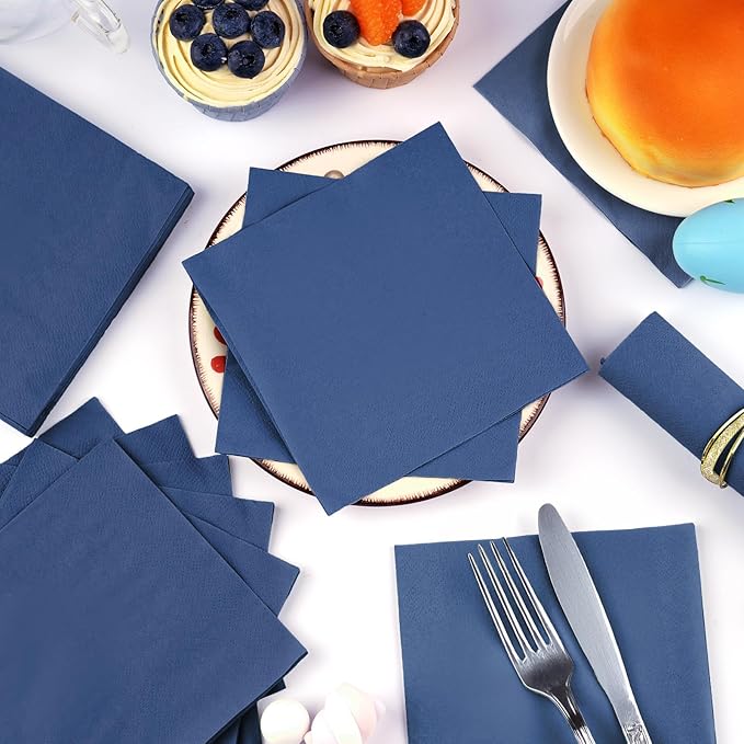 100 Pack Cocktail Napkins Disposable, 2-Ply 5" x 5" Party Napkins, Square Beverage Dinner Napkin for Wedding Birthday Party Anniversary Reception Bar Event (Navy Blue)