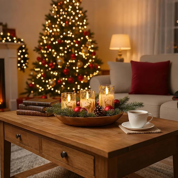 Amagic Christmas Flameless Candles with Remote and Timer, Glass Battery Operated Candles, Real Wax Electric LED Pillar Candles with Gold Deer for Thanksgiving Decor, Set of 3