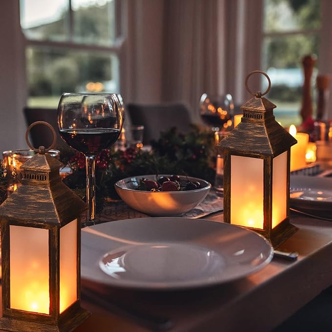 Tondiamo 4 Pcs Vintage Decorative Lantern for Centerpiece Wedding Tall Retro Hanging Lantern LED Pillar Candles Battery Operated Candles Waterproof for Christmas Indoor Party Decoration(Bronze)