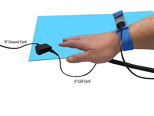 RubberStat Dual Layer ESD Compliant Workstation Rubber Table Mat Kit, Soldering, Cell Phone Repair, with Wrist Strap Set and Ground Cord - 24"x48" Blue