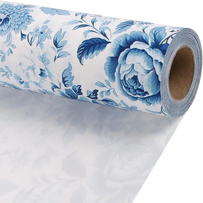 BIOBROWN Floral Wrapping Paper Roll - 17 Inches X 33 Feet (47 sq. ft. ttl.) Blue White Peony Design Chinoiserie Flower Gift Wrap Stone Paper for Wedding, Bridal Shower Favors, Mother's Day