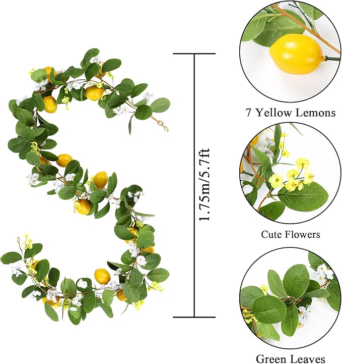 U'Artlines 4Pcs Total 22 Ft Artificial Lemon Garland Spring Summer Faux Fruit Vine Garlands with Greenery for Door Wall Mantle Wedding Party Table Decorations