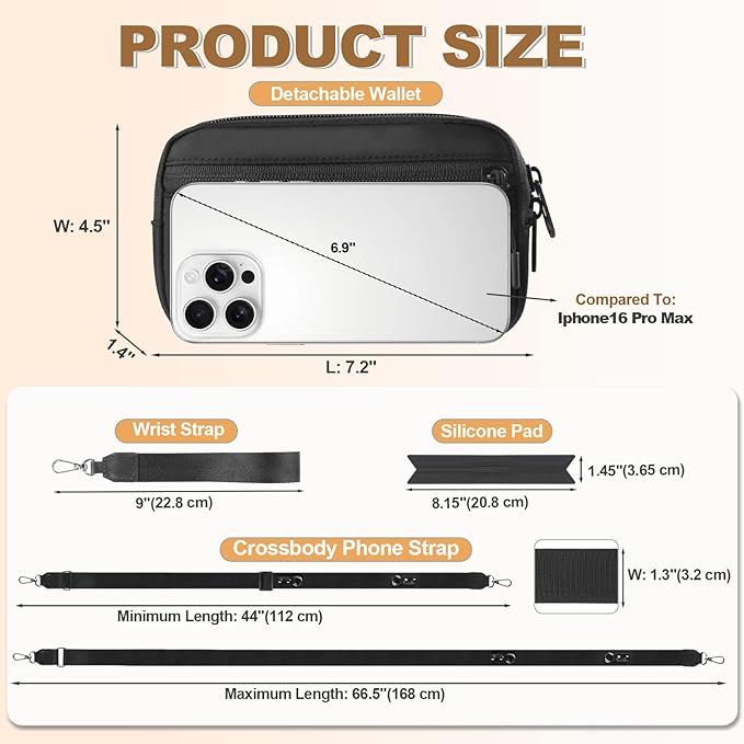 Clip and Go Strap for Phone with Wallet Crossbody, Adjustable Phone Lanyard with Detachable RFID Wristlet Wallet, Black (L)