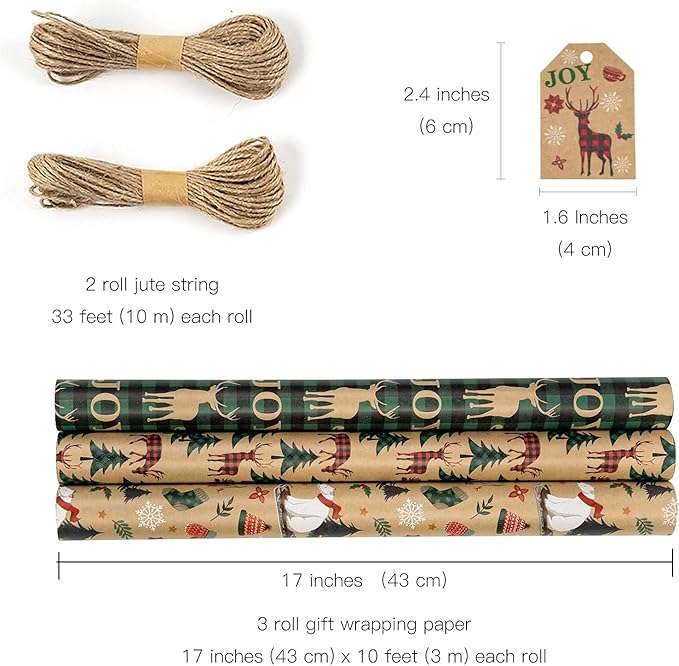 RUSPEPA Christmas Wrapping Paper Rolls with Tags and Jute String - 17 inches x 10 feet per Roll, Total of 3 Rolls