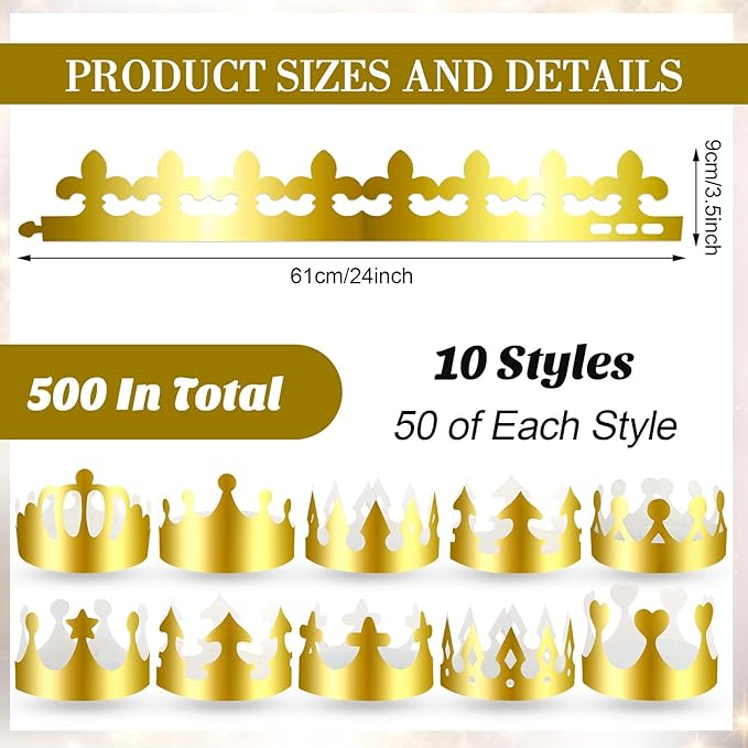 Crtiin 500 Pcs Gold Paper Crowns Birthday Party Bulk for Adults Classroom Students Hat Supplies Favors (Various Style)