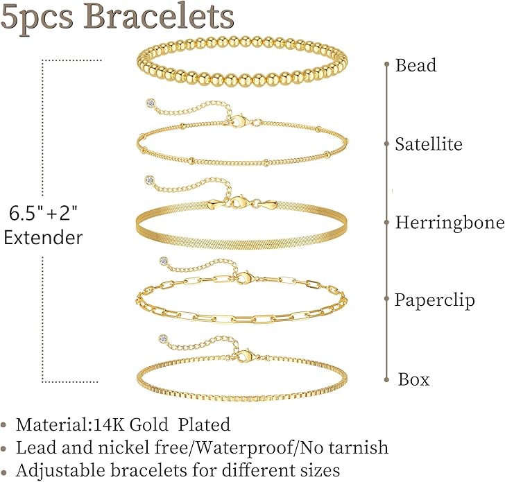 DEARMAY 14K Gold Plated Bracelets for Women, Jewelry Sets Cute Tennis Beaded Bracelets Cuban Link Paperclip Chain Dainty Bracelet Pack Gifts