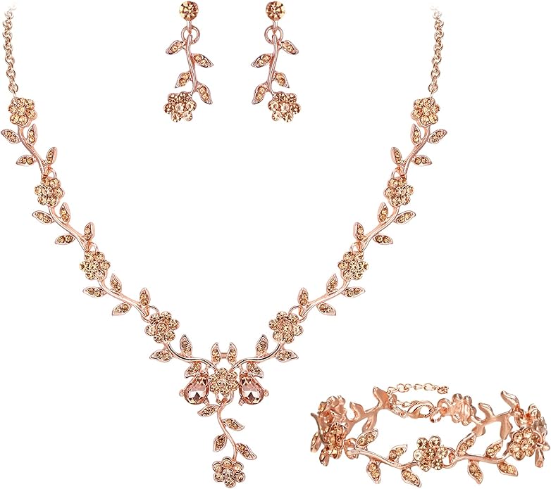BriLove Women's Wedding Jewelry Leaf Cluster Flower Crystal Dangle Earrings Pendant Necklace Set for Bridal