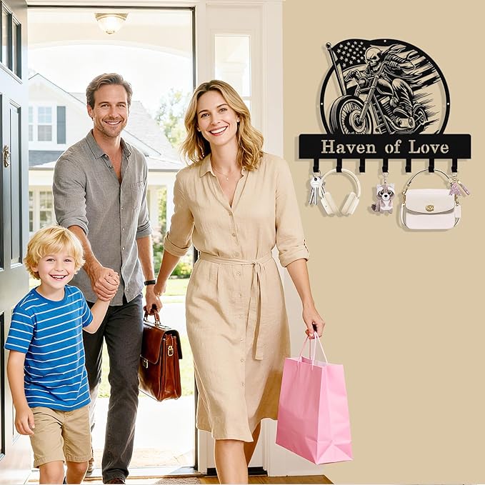 Personalized Skull Motocycle Key Holder Wall Mount, Custom Metal Key Rack Key Holder with Name, Deer Cabin Wall Keys Hanger with Hooks for Entryway, Front Door, Hallway, Kitchen, Living Room