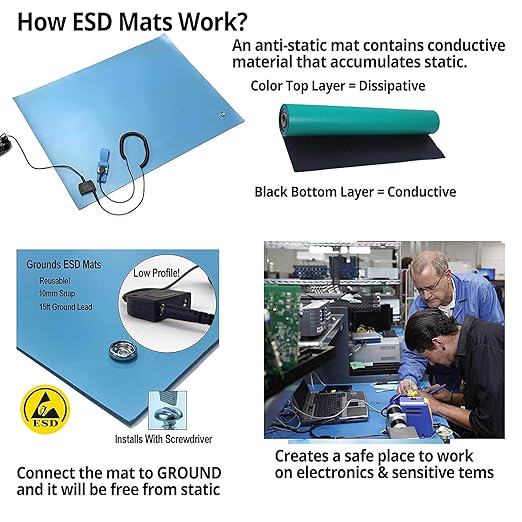 RubberStat Dual Layer ESD Compliant Workstation Rubber Table Mat Kit, Soldering, Cell Phone Repair - 36"x120" Grey