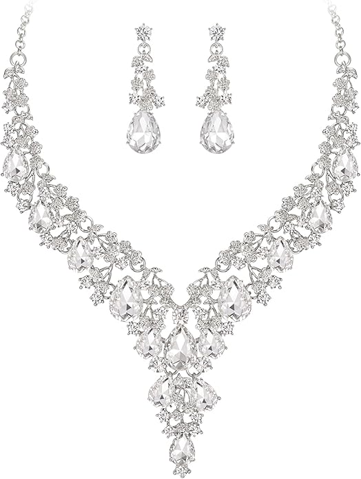 BriLove Women's Wedding Bridal Austrian Crystal Teardrop Flower Cluster Statement Necklace Dangle Earrings Jewelry Set for Party Prom