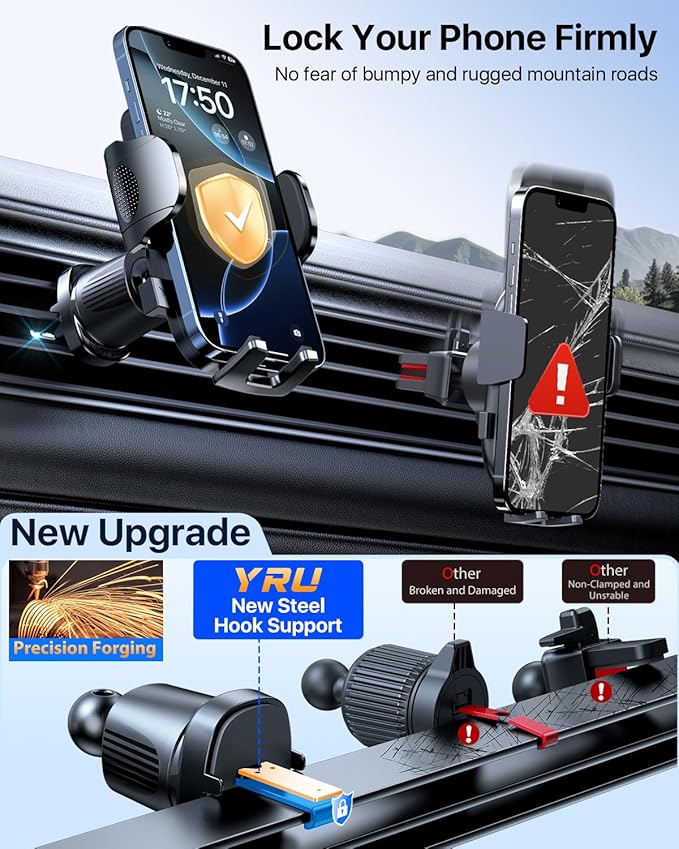 YRU [2025 Ultimate Car Phone Holder Mount [Bendable & Adjustable Aluminum Arm] Cell Phone Holder for Car Dashboard Windshield Phone Stand for iPhone 16 15 14 13 Pro Max Samsung Pickup Truck, Black