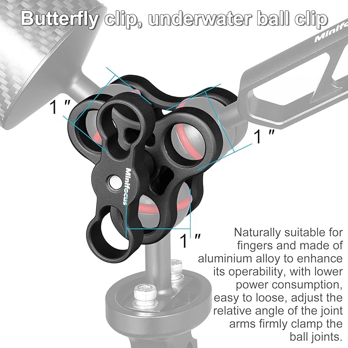 MINIFOCUS 2PCS 1'' Aluminum Triple Holes Ball Clamp Mount for Underwater Diving Light Arms Tray System, Photography Diving Camera, 360° Clip for GoPro Action Camera Flashlight Arms System