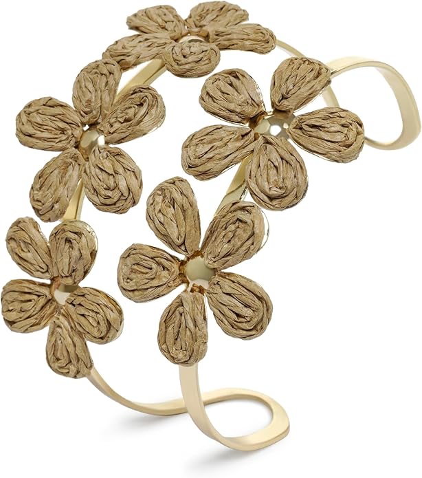 Raffia Flower Cuff Bangle Bracelet for Women, Adjustable Boho Floral Wide Open Bangle for Summer Beach, Handmade Trendy Rattan Jewelry